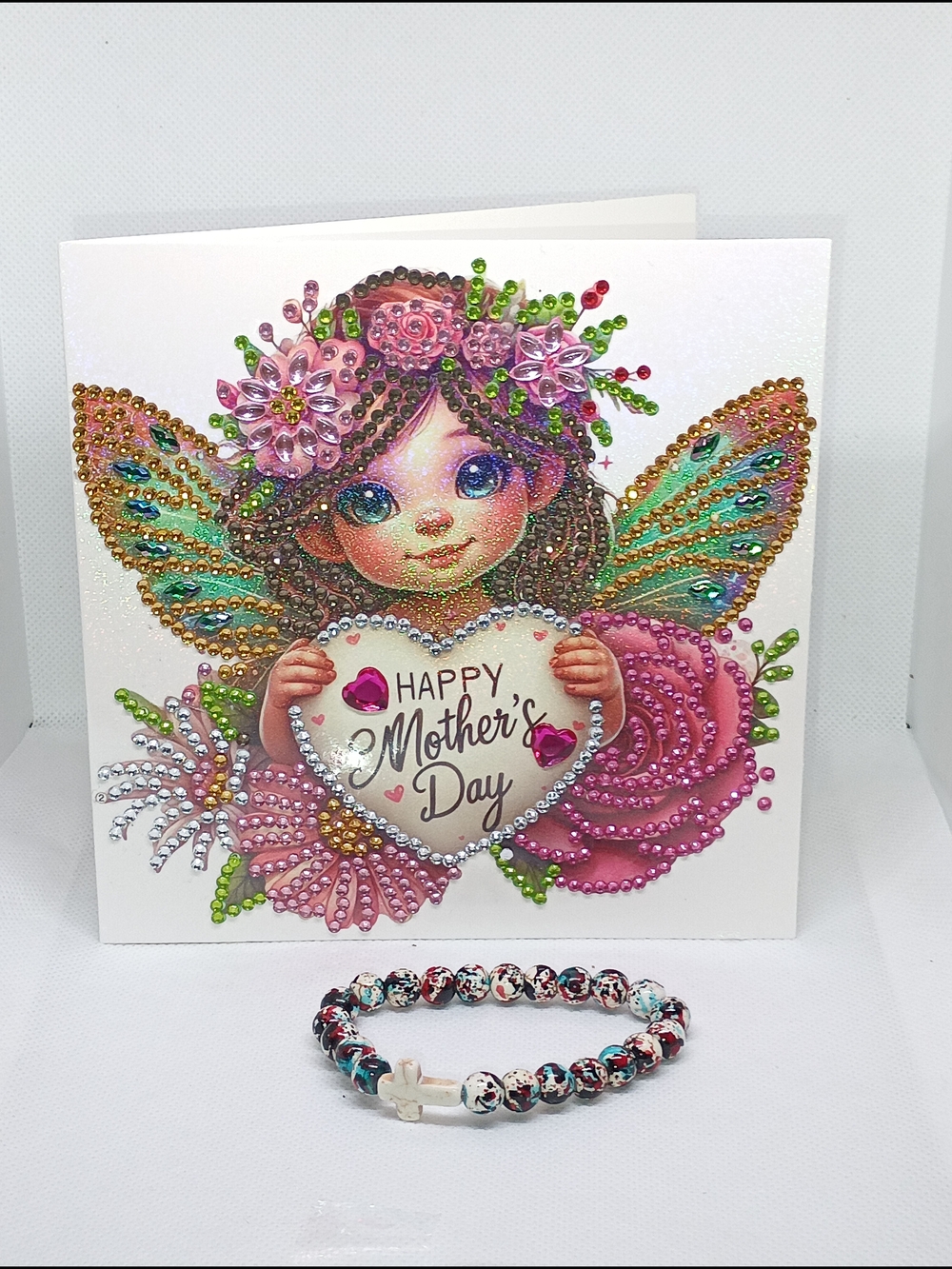 Handmade Sparkling Fairy Mother's Day Card With Beaded Cross Bracelet